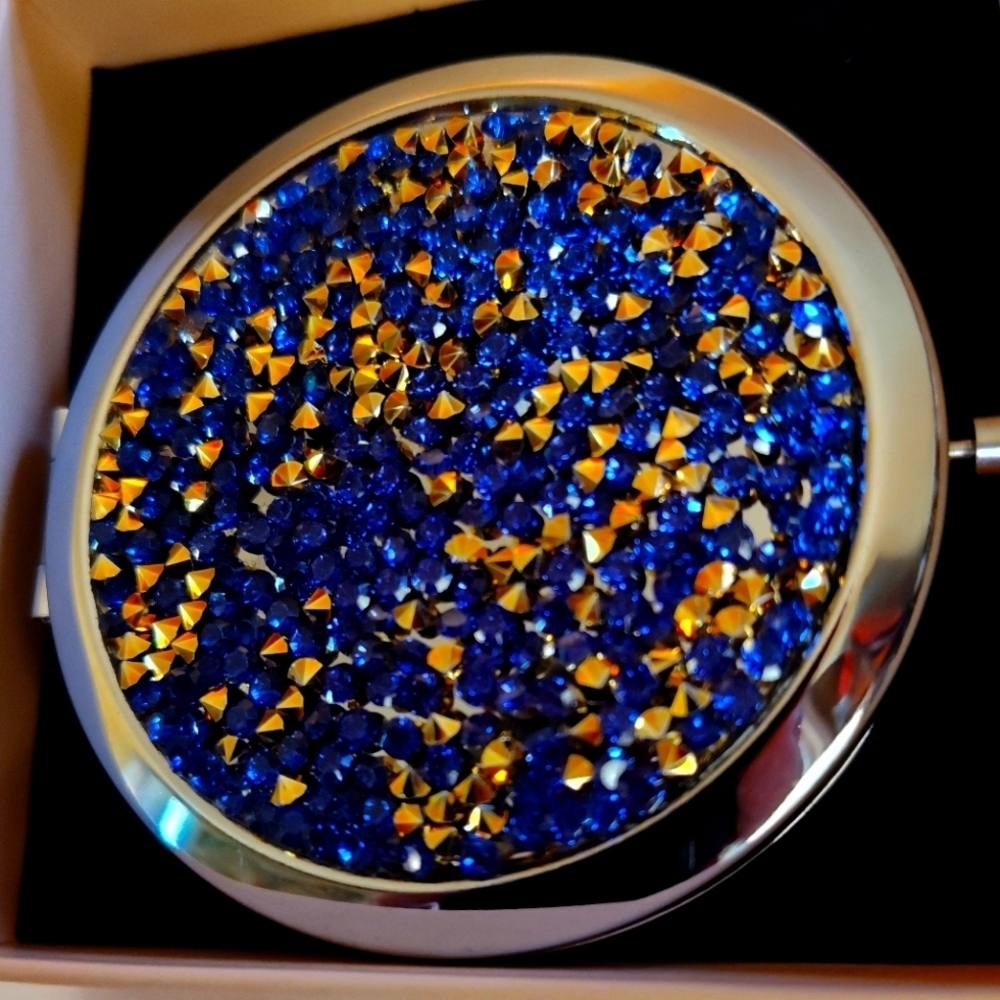 Blue and Gold Crystal Compact Mirror NWOT